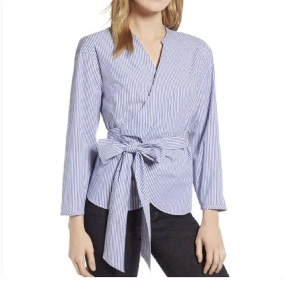 J. Crew Blue Wrap Blouse with 3/4 Sleeves and Mandarin Collar